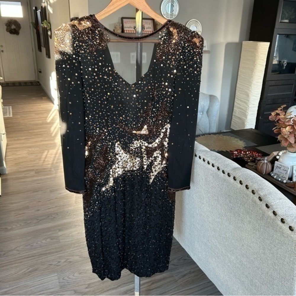 💋Vintage VTG 80’s 90’s A.J. Bari black gold sequin dress 👗 8 silk lining